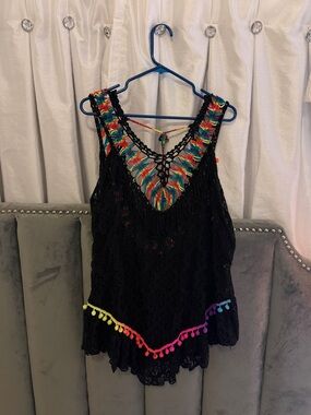 Black Crochet Tank Top/Cover Up with Rainbow Trim